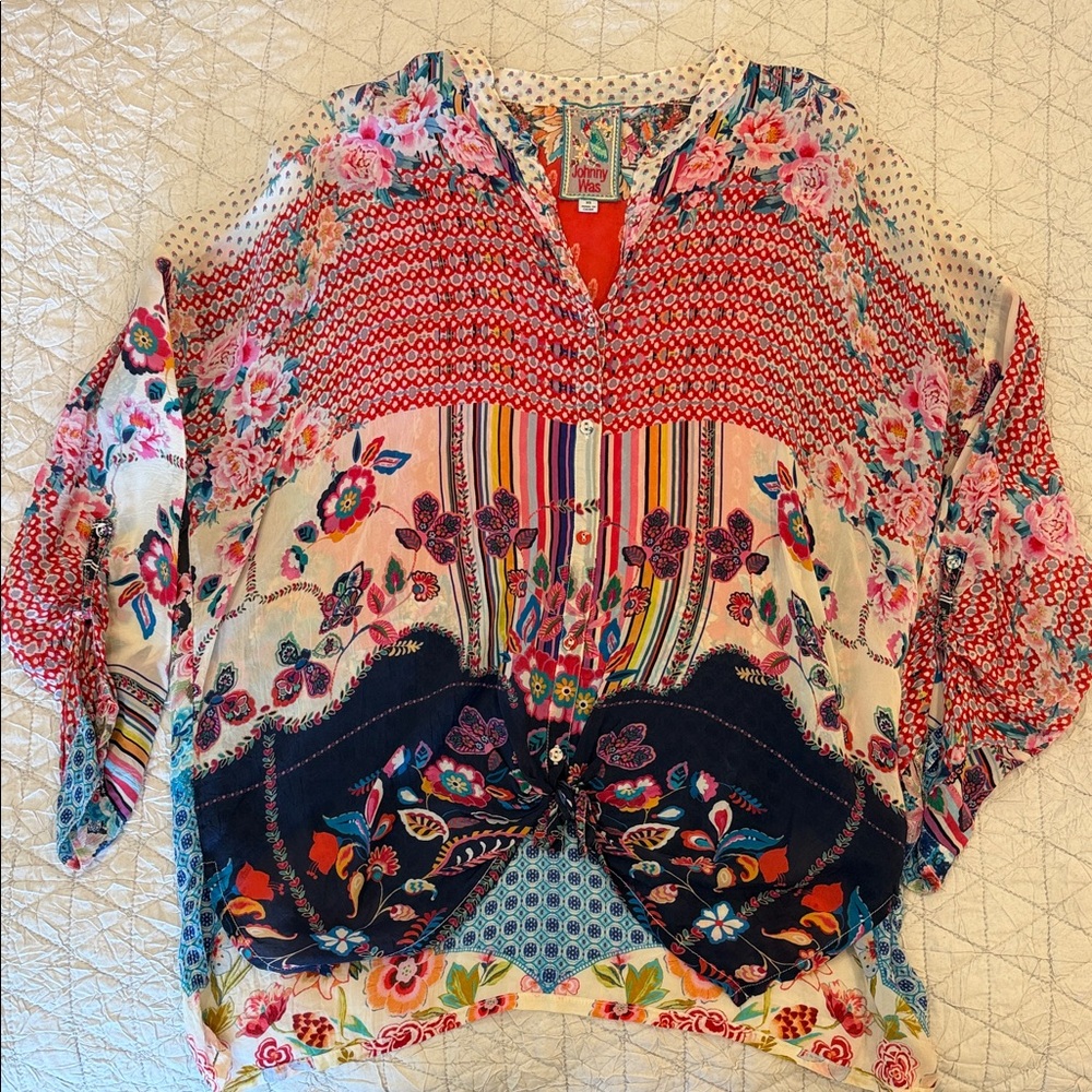 Johnny Was Multicolor Floral and Stripe Blouse
